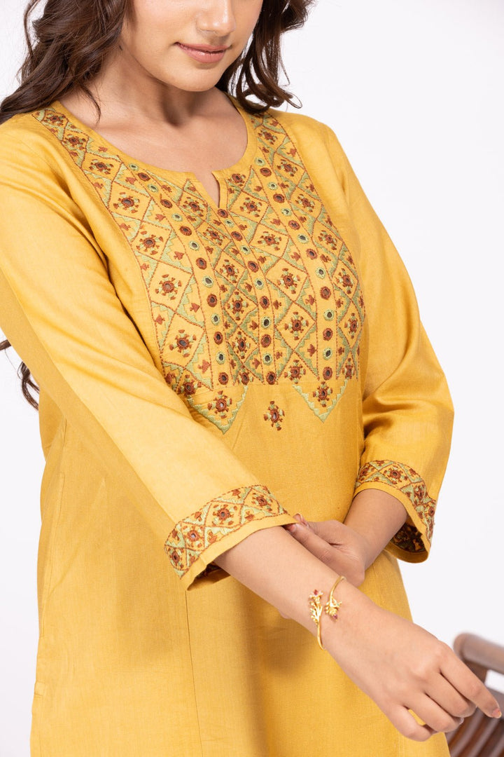 Mustard Hand Embroidered Kurta - womenswear -