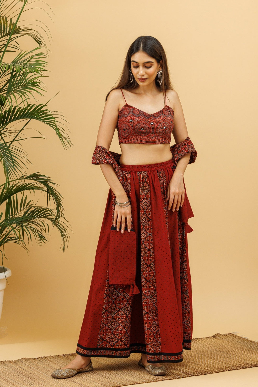 Razaa Maroon Ajrakh Kalidaar Elasticated Long Skirt With Padded Blouse and Stole - womenswear -