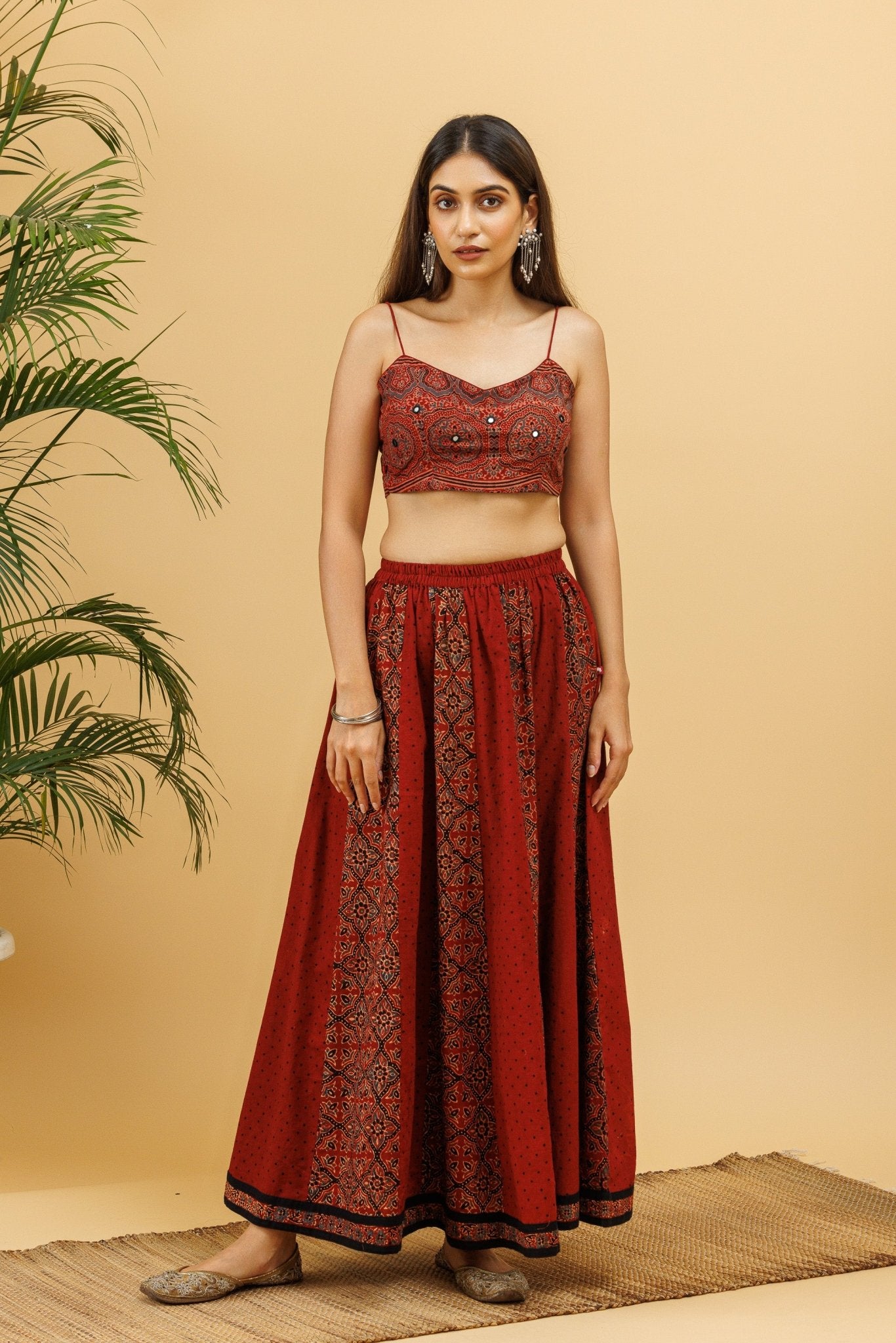 Razaa Maroon Ajrakh Kalidaar Elasticated Long Skirt With Padded Blouse and Stole Tilohri