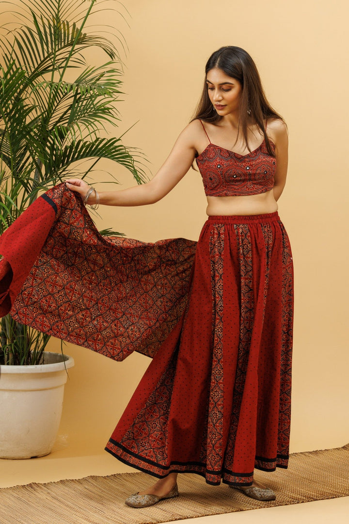 Razaa Maroon Ajrakh Kalidaar Elasticated Long Skirt With Padded Blouse and Stole - womenswear -