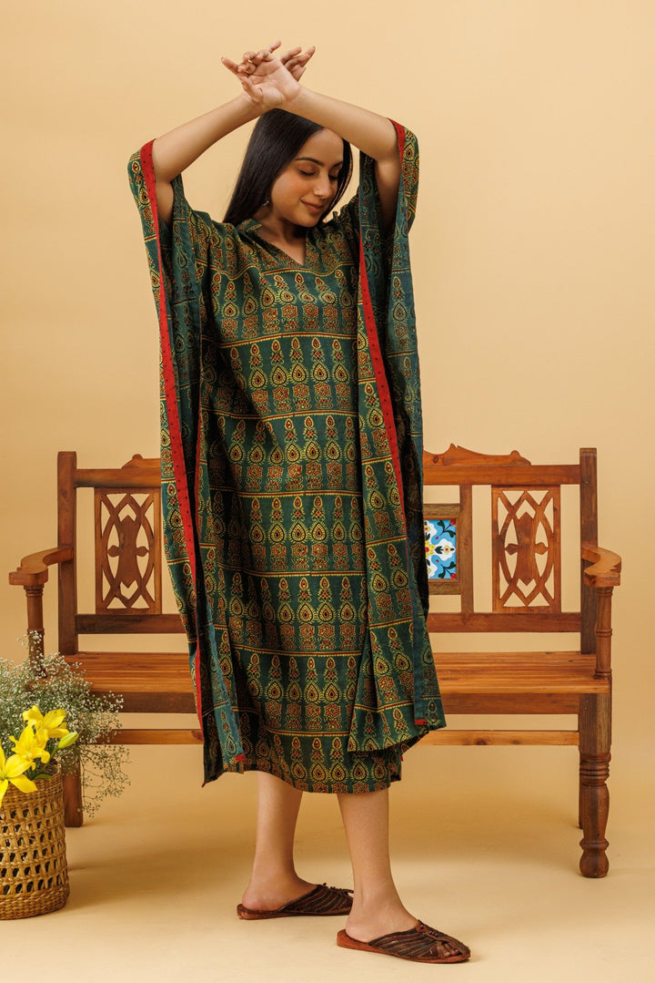 Rozana Ajrakh Hand Block Print Long Kaftan - womenswear -