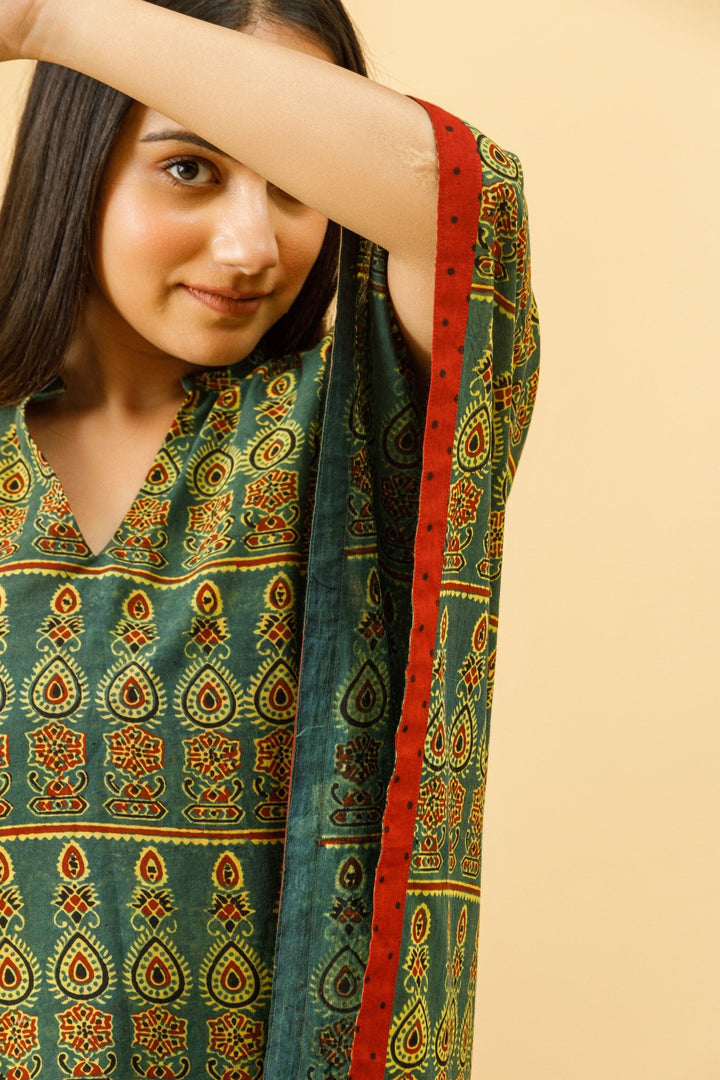 Rozana Ajrakh Hand Block Print Long Kaftan - womenswear -