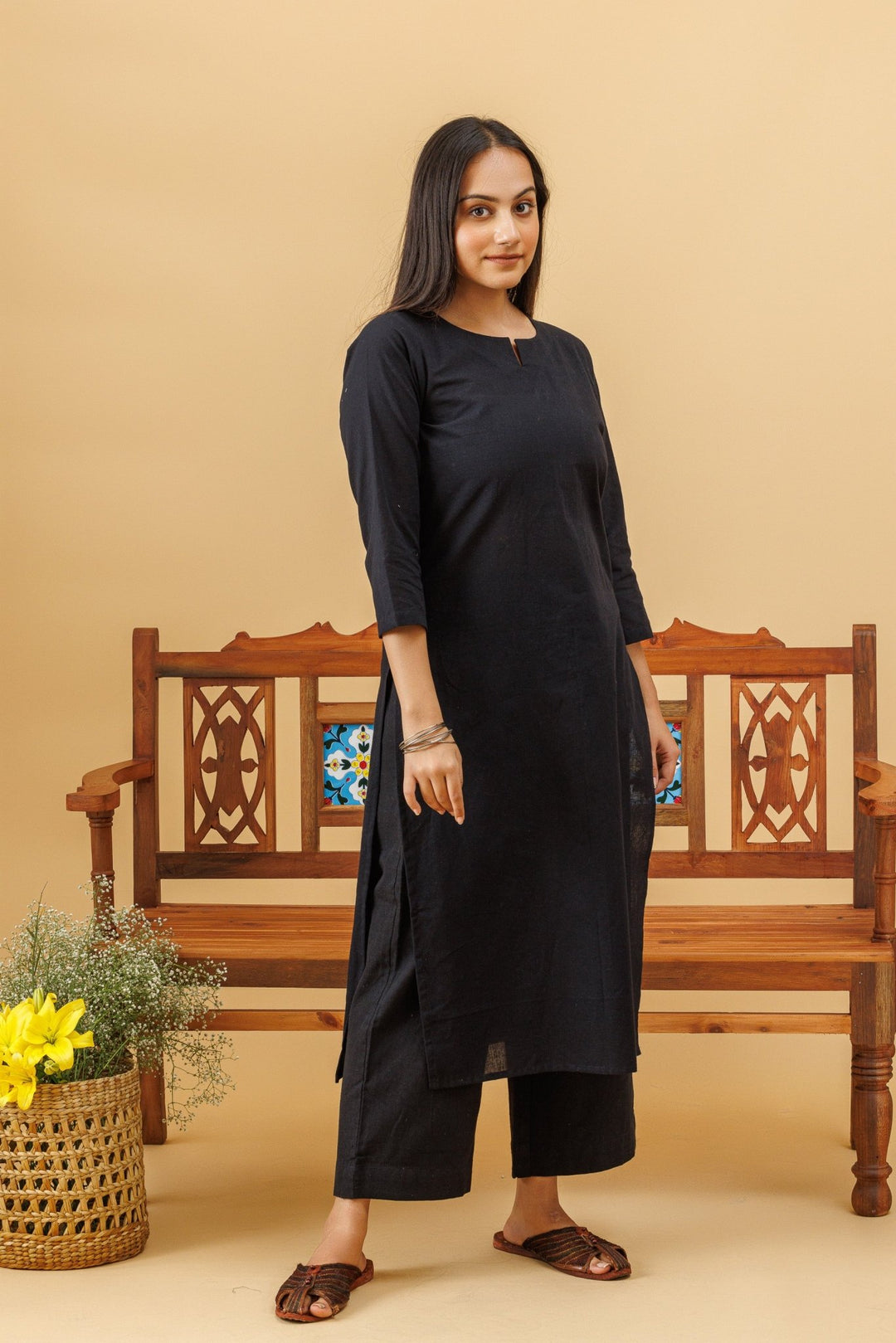 Straight Black Cotton Kurta with Lower - womenswear -