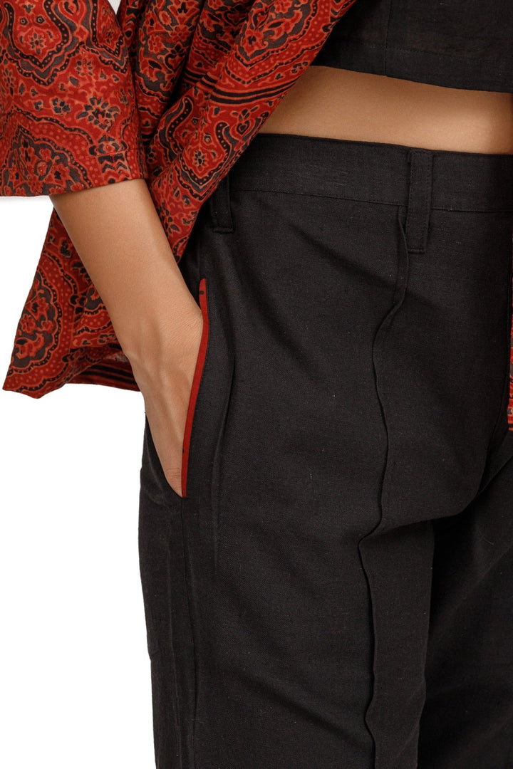Surkh Ajrakh Peplum Short Shrug / Jacket With Spaghetti Crop Top And Pants - womenswear -