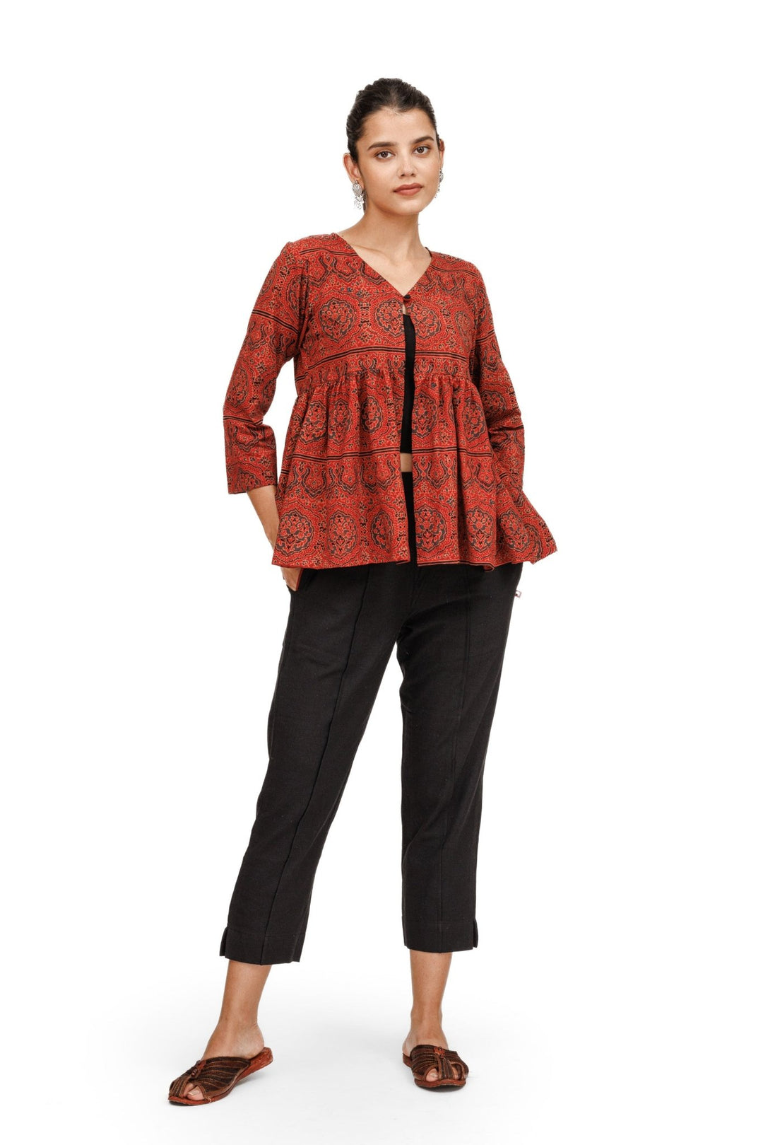 Surkh Ajrakh Peplum Short Shrug / Jacket With Spaghetti Crop Top And Pants - womenswear -