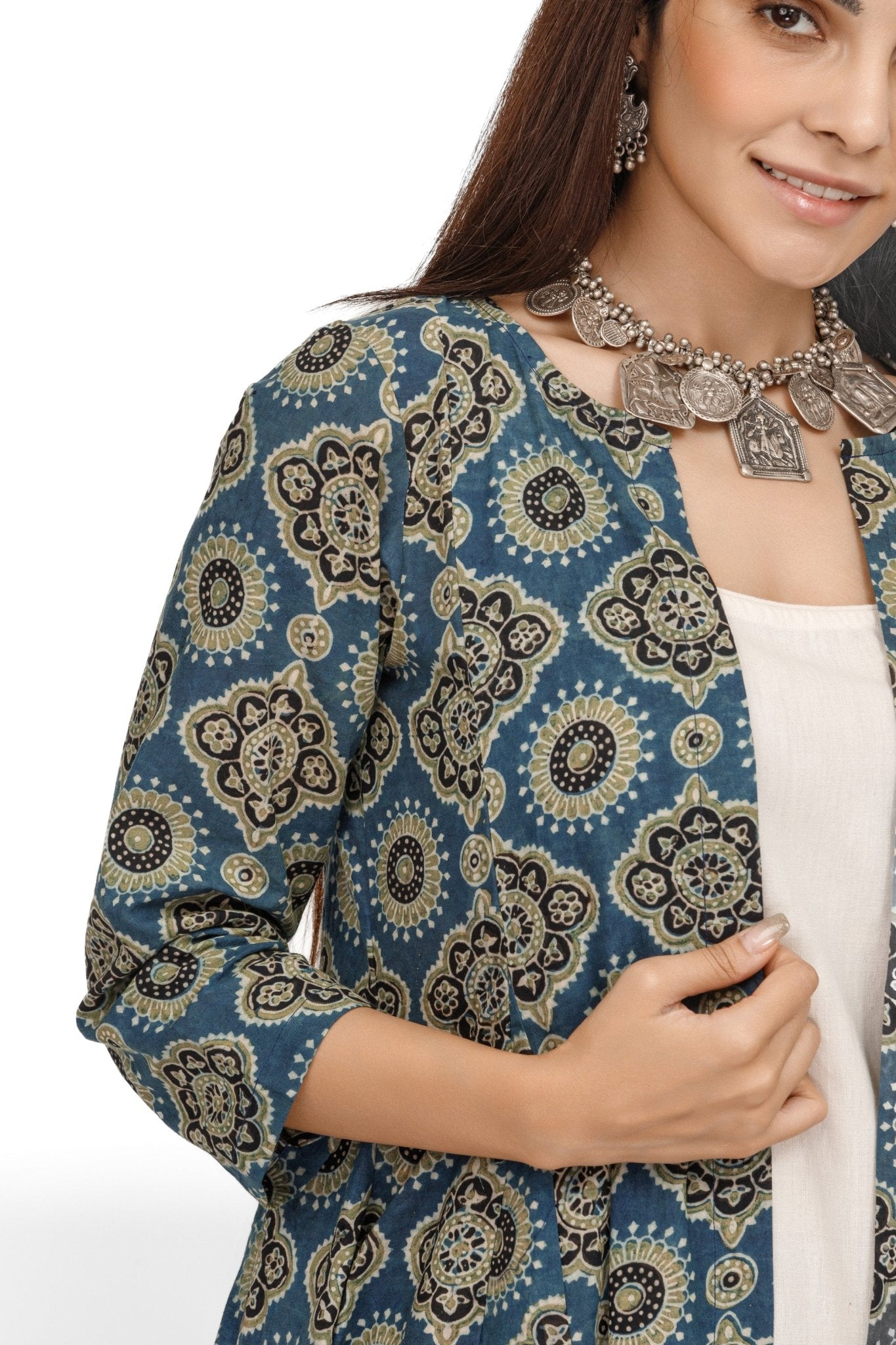 Blue & White Hand Block Printed Indo Western Long Jacket Dress – Missprint  India