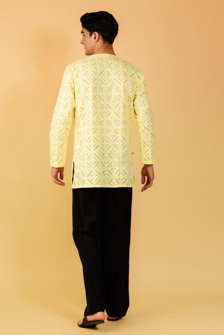 Yellow Applique Short Men's Wear Cotton Kurta - mens -